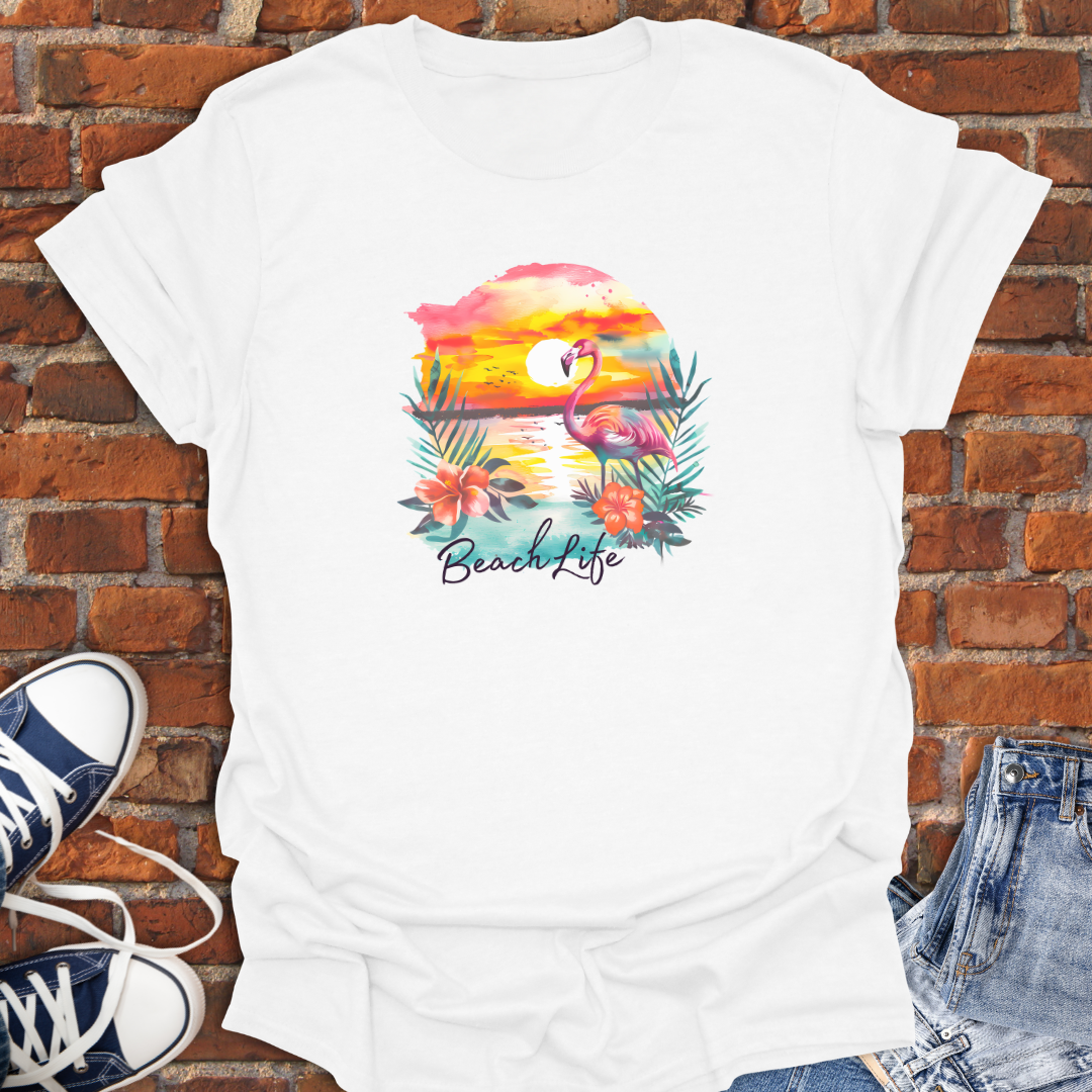 Flamingo at Sunset -Beach Life Softstyle T-Shirt size XS to 5XL