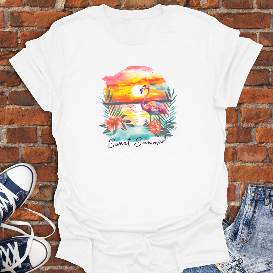 Flamingo at Sunset -Sweet Summer Softstyle T-Shirt size XS to 5XL
