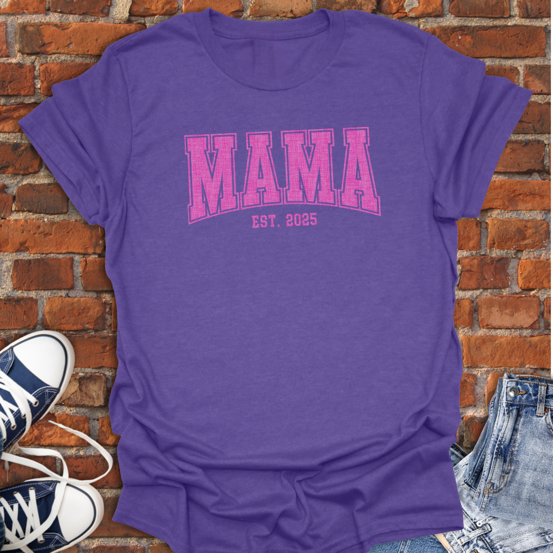 MAMA EST Pink varsity curved Softstyle T-Shirt size XS to 5XL