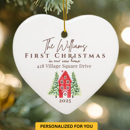 Personalized “First Christmas in Our New Home” Ornament – Heart Shape, Red House with Trees, Address, Name & Year