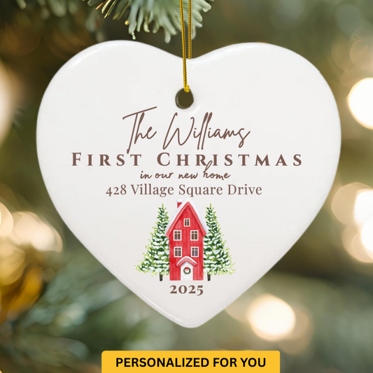 Personalized “First Christmas in Our New Home” Ornament – Heart Shape, Red House with Trees, Address, Name & Year