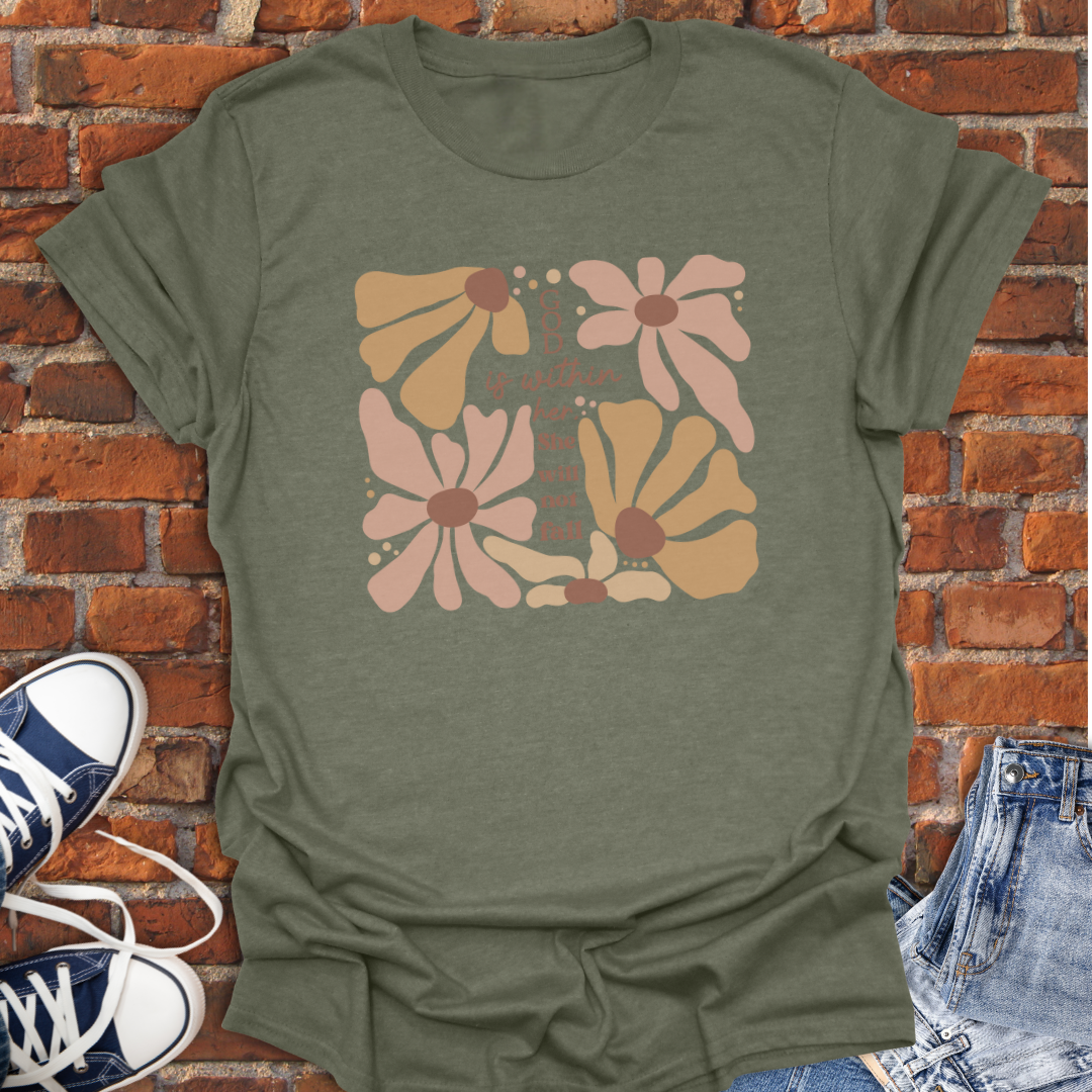God is with Her -boho floral with cross design Faith T-Shirt size XS to 5XL