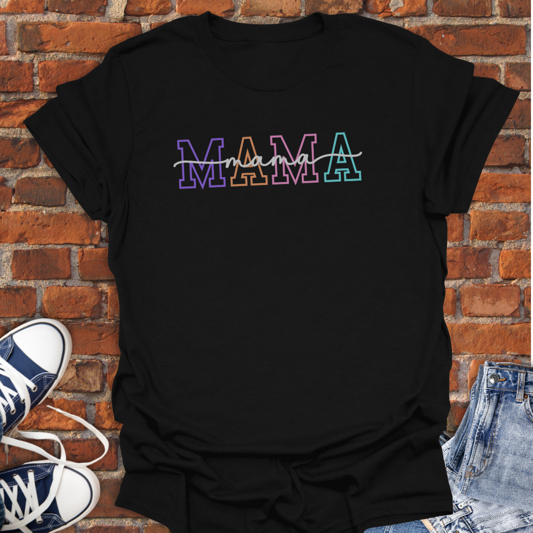 MAMA Varsity cursive multi-color Softstyle T-Shirt size XS to 5XL