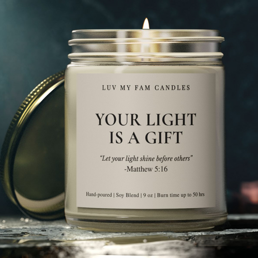 Your Light is a Gift – Matthew 5:16 Candle with Scripture | 9oz Coconut Apricot Wax