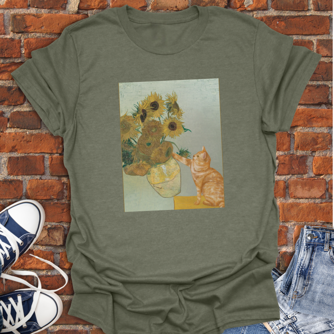 Cat Van Gogh Sunflower Vase Knocked Over Softstyle T-Shirt size XS to 5XL