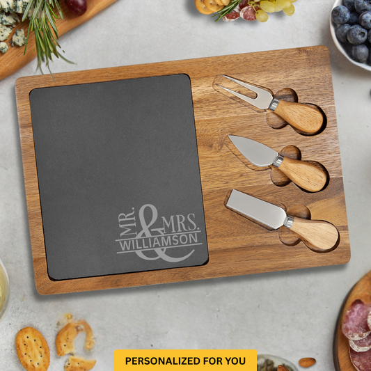 Personalized Charcuterie Board with Corner Mr & Mrs Design – Custom Engraved Wedding Gift, Housewarming & Closing Gift