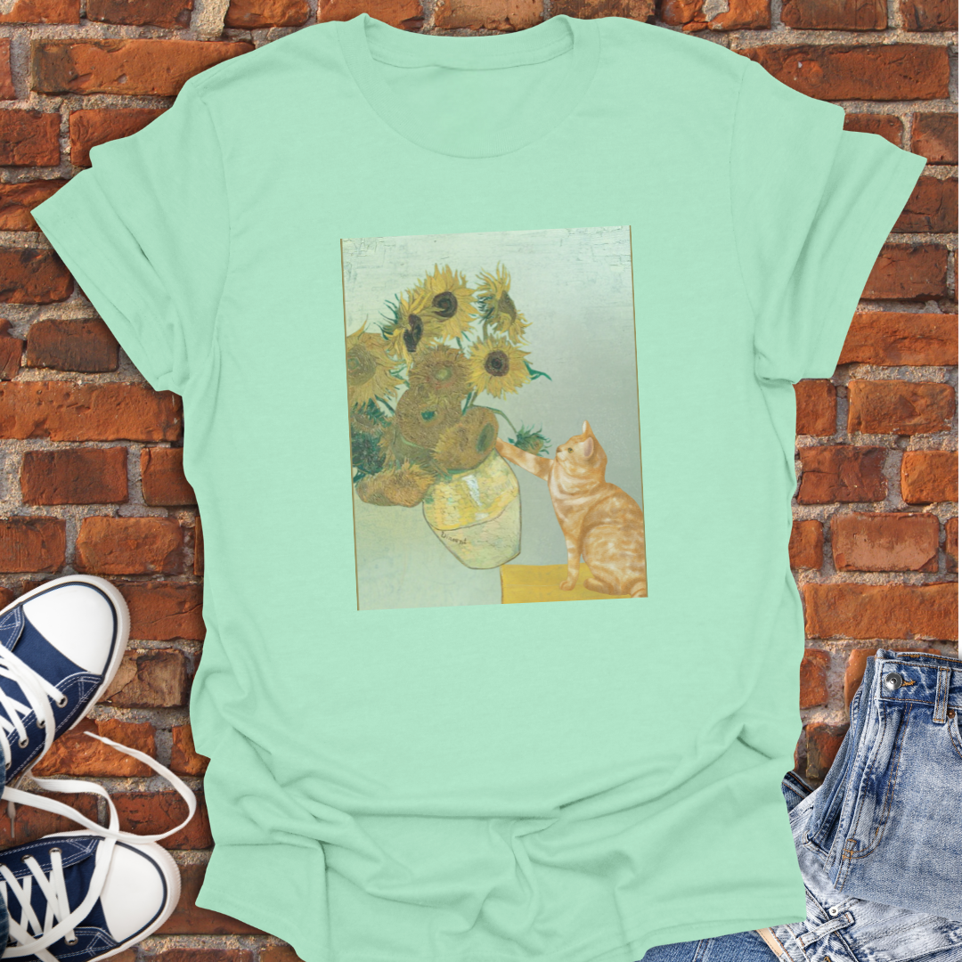 Cat Van Gogh Sunflower Vase Knocked Over Softstyle T-Shirt size XS to 5XL